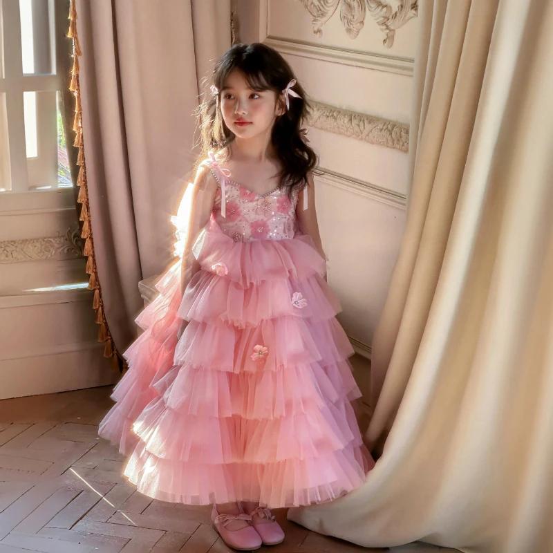 Robe d'été moelleuse sans manches pour filles, jupe longue en Tulle doux, belle tenue de princesse p