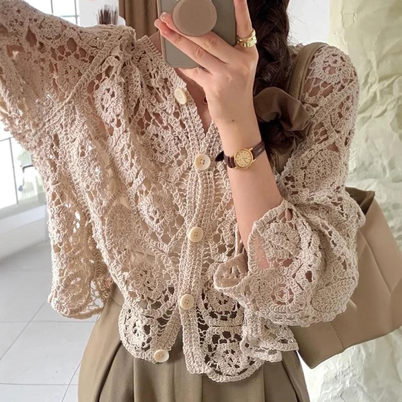 Manches longues Crochet haut en tricot plage Bikini couvrir boutonné Cardigan Blouse femmes blusas p
