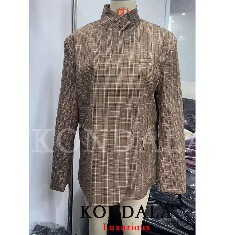 KONDALA Blazer Chic à Carreaux pour Femme, Coupe Oversize, Bouton Unique, Fente Avant, Tendance Prin