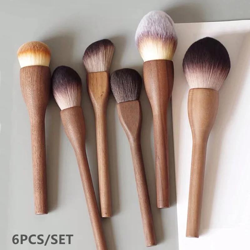 Pinceau de maquillage Vintage avec manche en bois, 6 pièces, haute qualité, noyer, poudre libre, fon