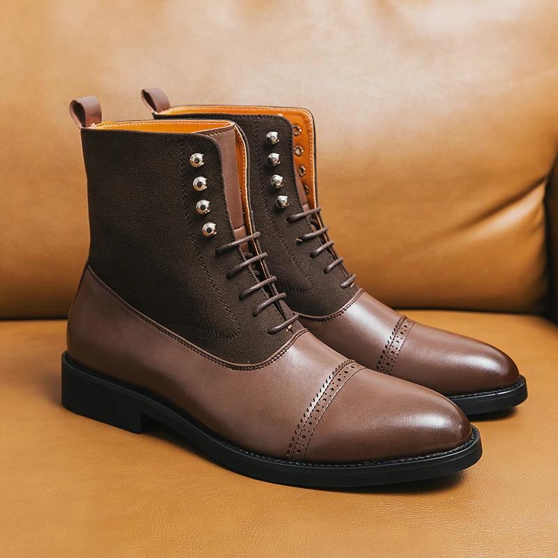 Bottes courtes en cuir de style britannique pour hommes, chaussures décontractées noires, marque, gr