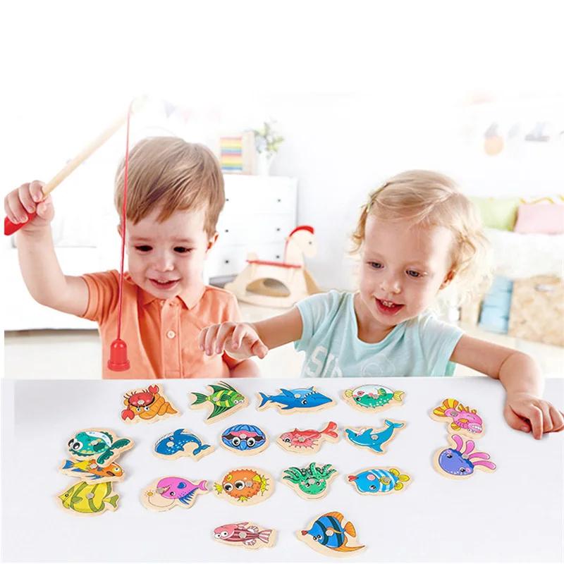 Jouets de pêche magnétiques, ensemble de jeu pour enfants, canne à pêche en bois de dessin animé Mon