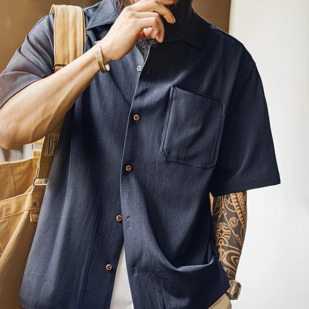 Maden Vintage col cubain chemise à manches courtes hommes été ample simple boutonnage couleur unie B