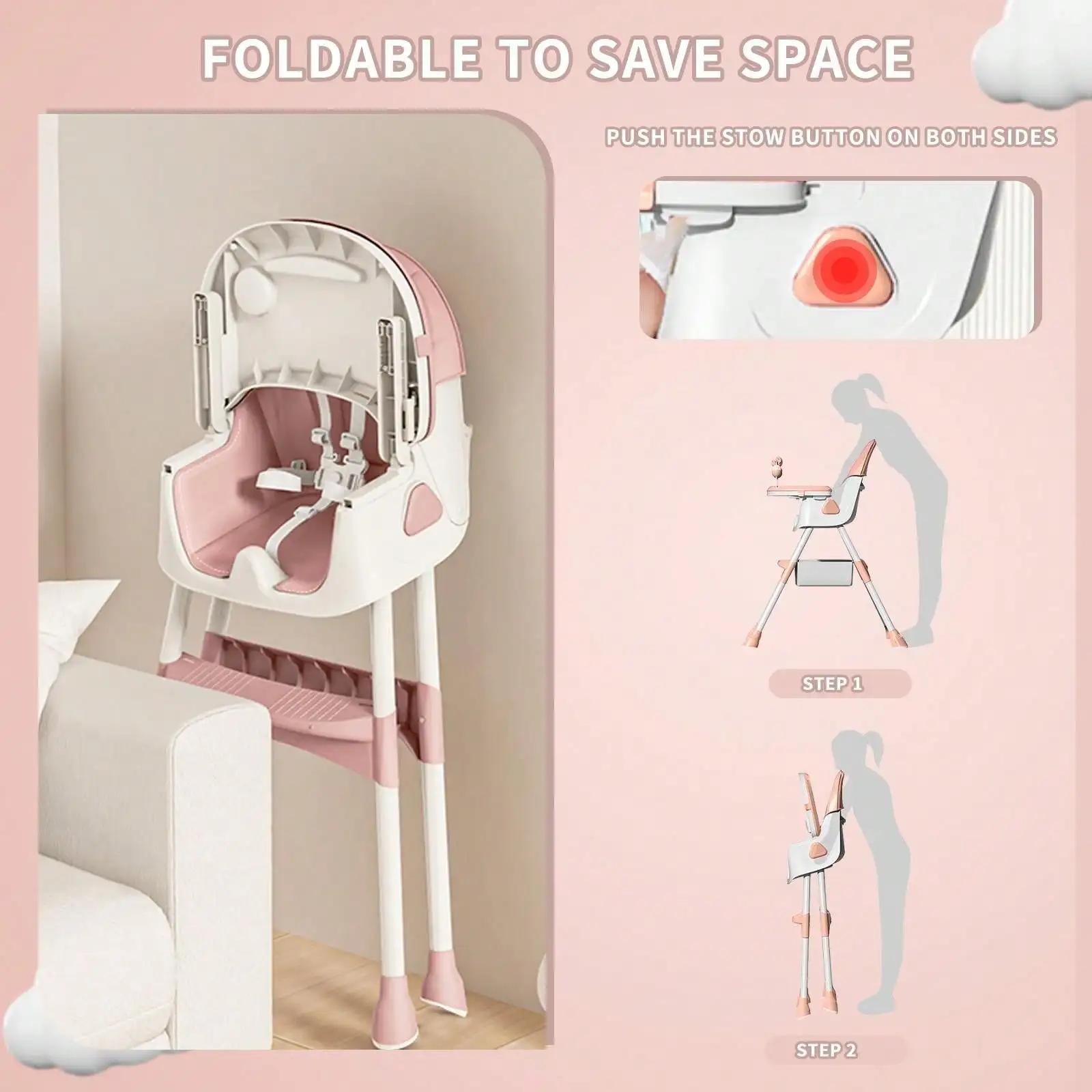 Chaise haute bébé 3 en 1 pliable et réglable - Plateau amovible et ceinture sécurité - Repose-pieds et roues