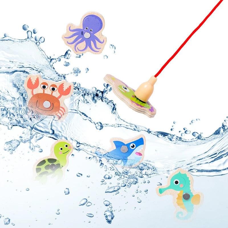 Jouets de pêche magnétiques en bois pour enfants, jeux de poissons cognitifs de la vie Marine, jouet