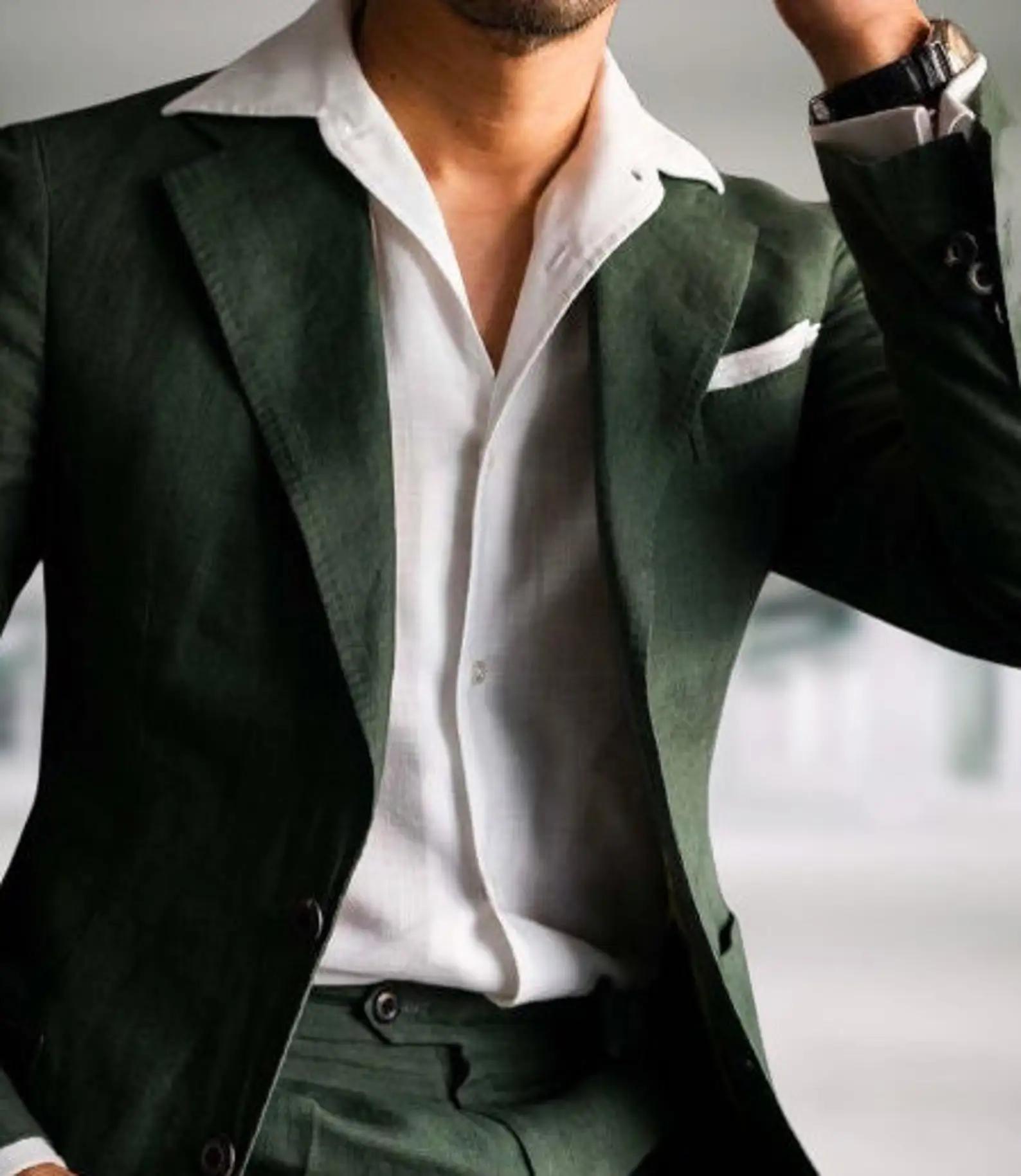 Costume en Lin Vert pour Homme, Smoking de Mariage, Ensembles de Blazers à la Mode, sur Mesure, Deux