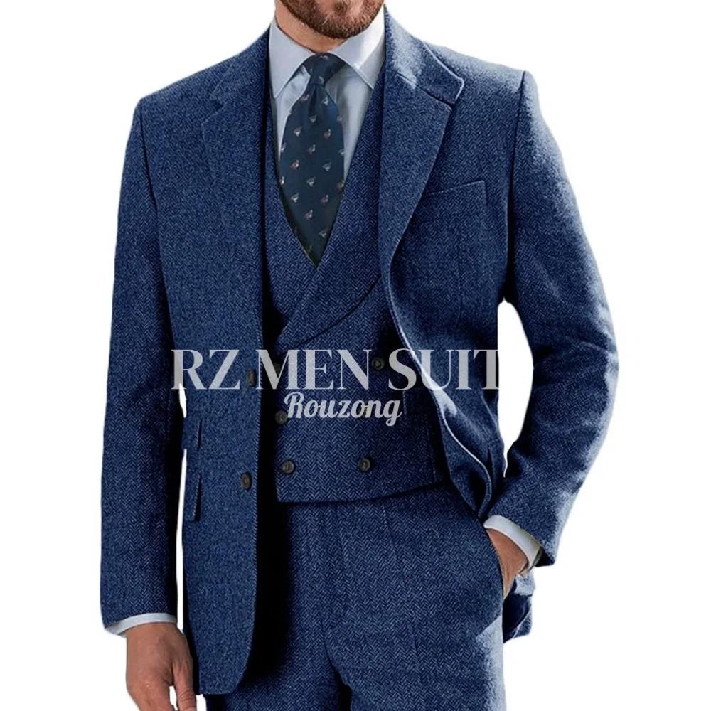 Costumes en tweed pour hommes, 3 pièces, en tweed à chevrons, coupe ajustée, blazer croisé, smoking,