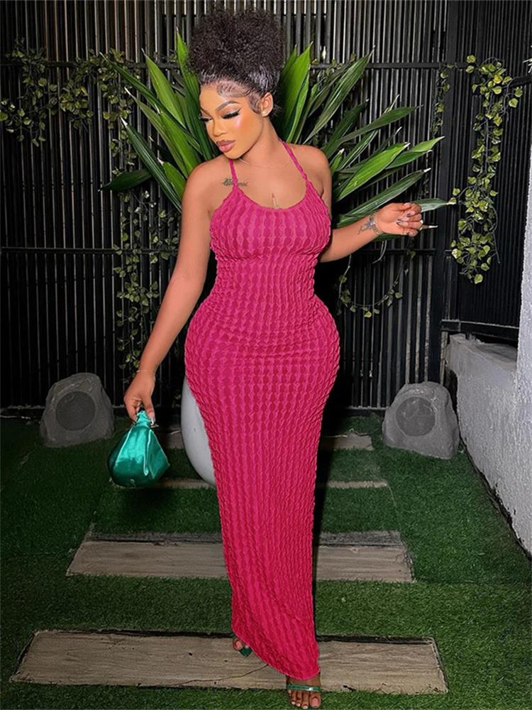 Kliou solide froncé Spaghetti sangle pansement Maxi robe femmes décontracté sans manches dos nu moul