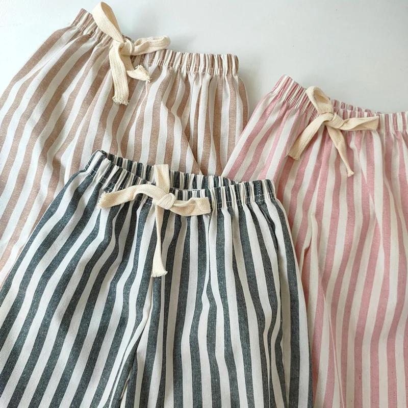 Pantalon à rayures en coton et lin pour garçon et fille, style décontracté, été automne