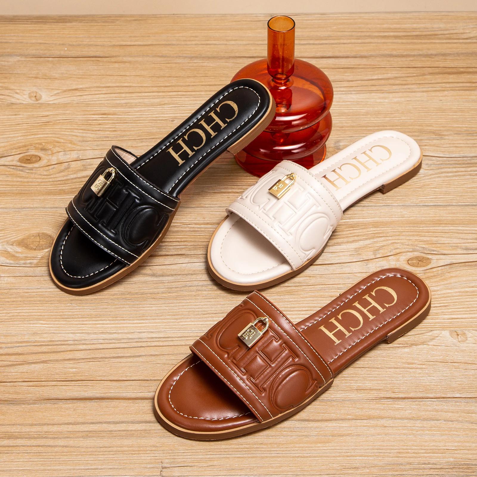 CHCH chaussures plates pour femmes été nouvelles sandales en relief de couleur unie pantoufles de mo