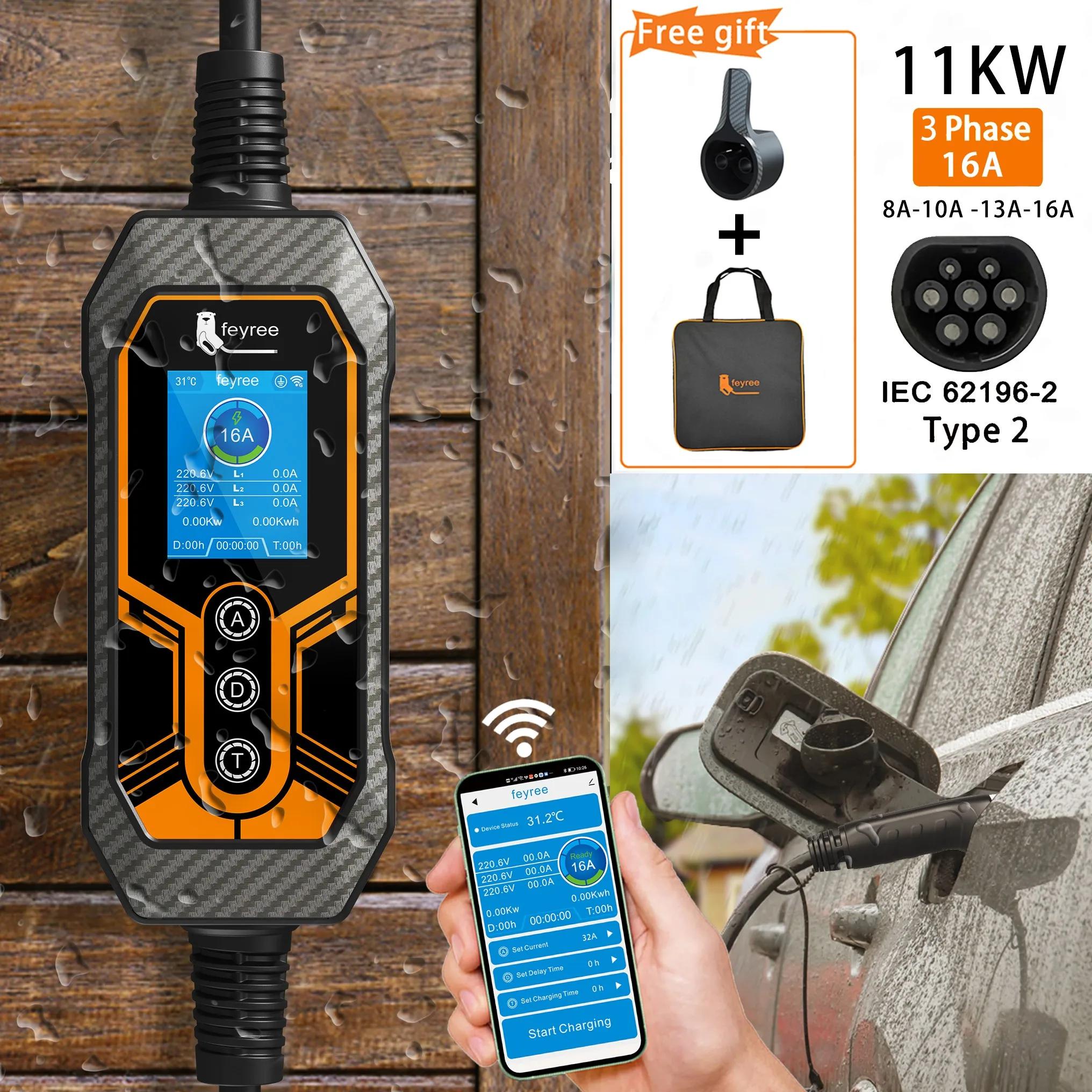 Feyree – chargeur EV Portable Type 2, 11kw, 16a, 3 phases, application Wi-Fi, Version Bluetooth, câb