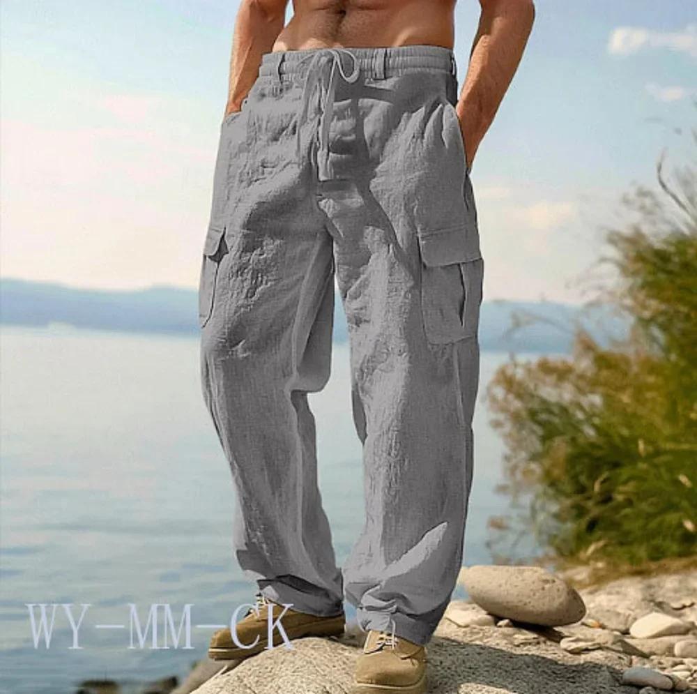 NOUVEAU Pantalon en coton et lin pour hommes européens et américains, pantalon de travail multi-poch