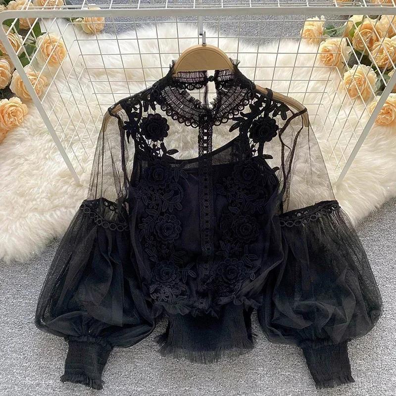 Dentelle bouffée à manches longues Blouse Vintage mode Blouses élégant Femme Blusas coréen Femme hau