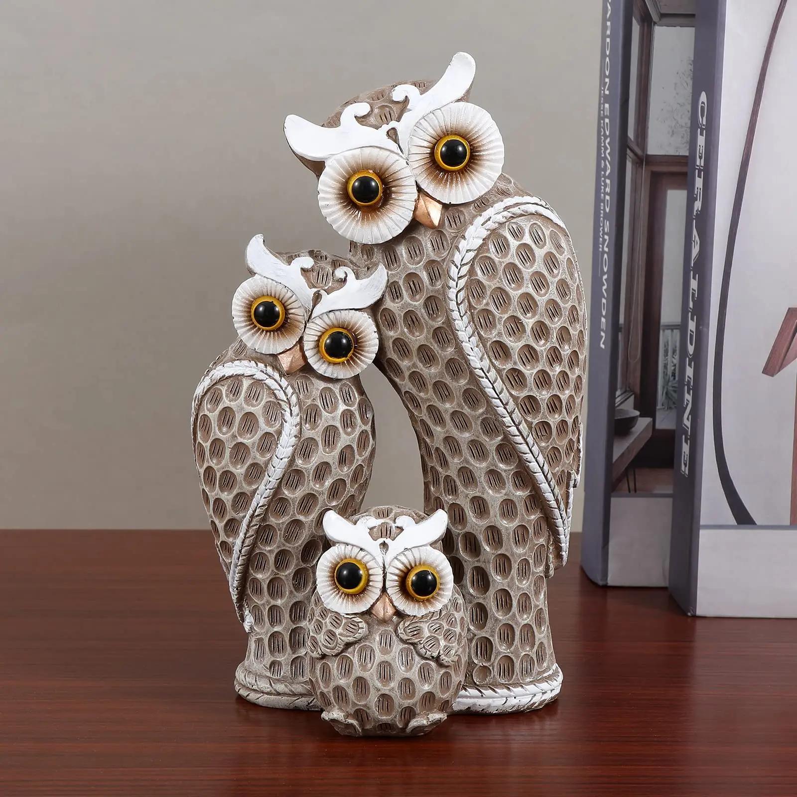 Famille de trois statues de hibou mignonnes, décoration de maison, statues de hibou sur étagères, dé