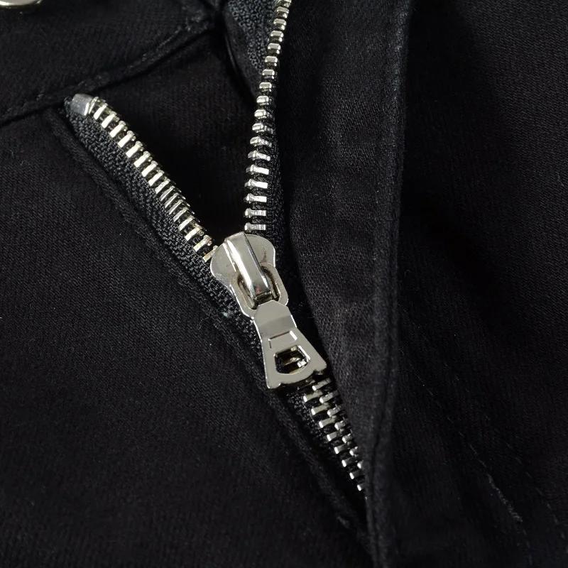 Jean de motard en cuir fissuré pour homme, pantalon en Denim Stretch, effilé, déchiré, Patchwork noi