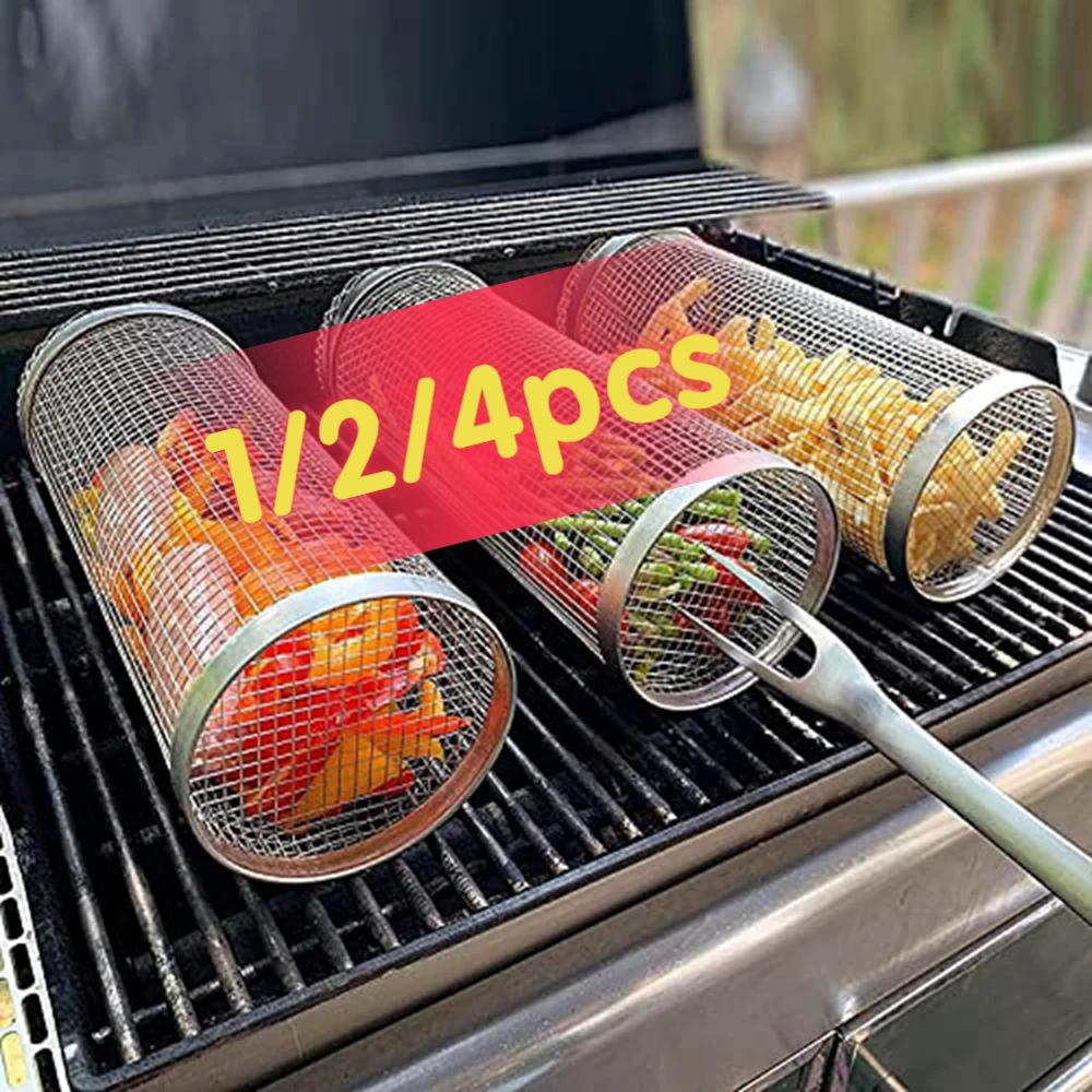 Panier à grillades roulant en acier inoxydable, panier à gril en maille Portable pour Camping en ple
