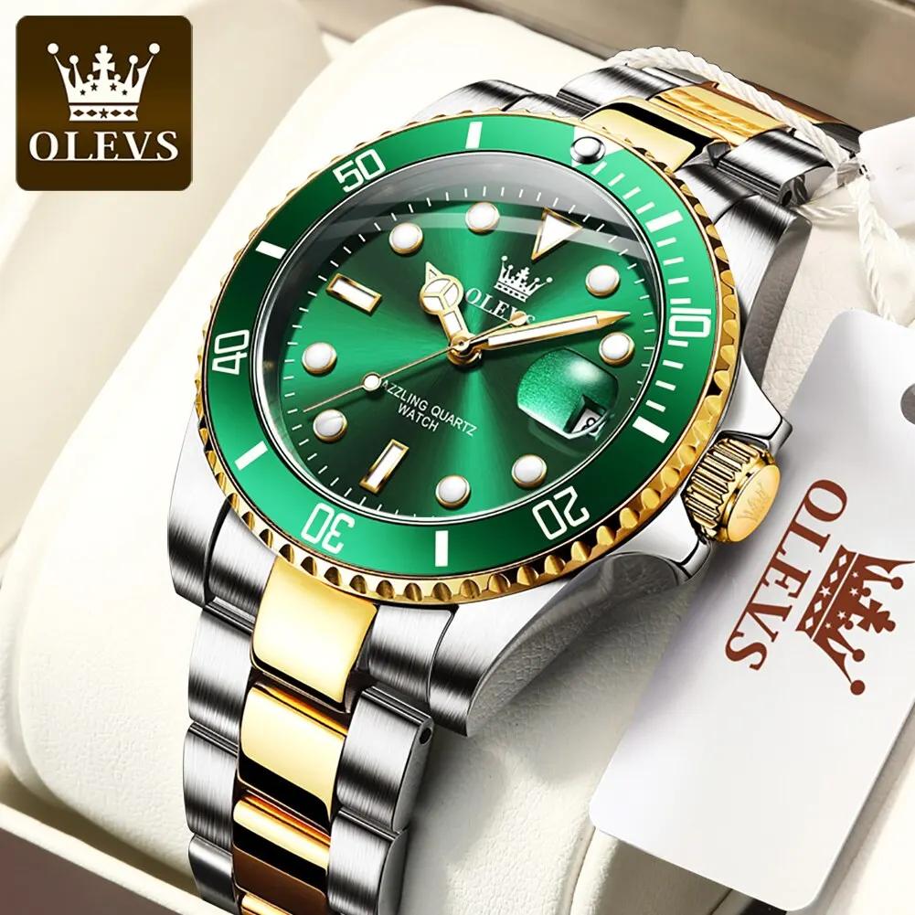 OLEVS-Montre à quartz étanche verte pour homme, acier inoxydable, montre-bracelet Shoous, luxe, haut