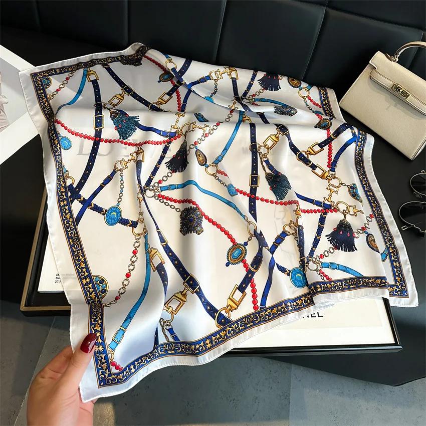 Petite écharpe carrée imprimée chaîne de luxe, fausse soie, foulard de cou fin, mode protection sola