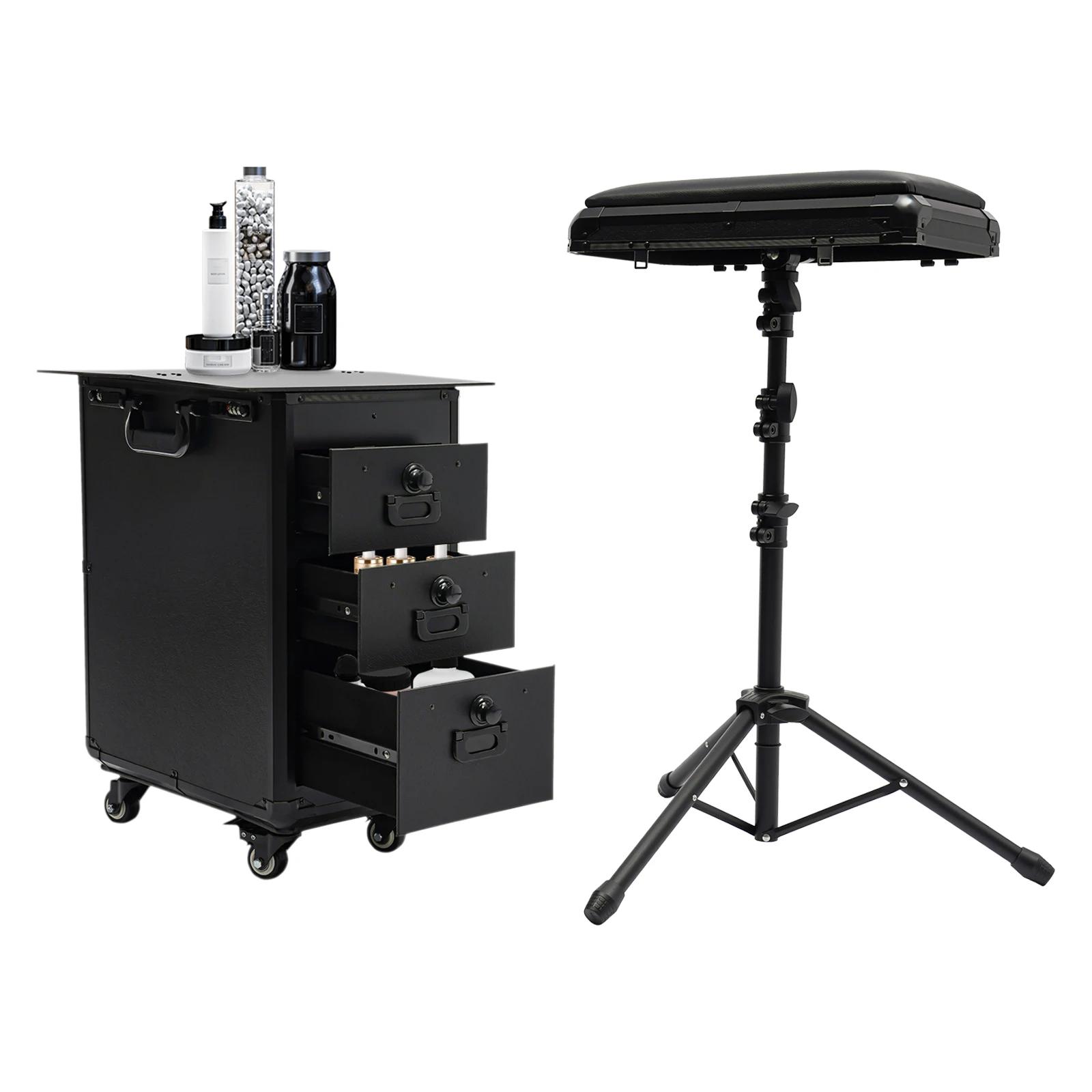 NOUVEAU Trolley de Maquillage Roulant avec Support de Bras pour Tatouage, Valise de Beauté à 3 Tiroi