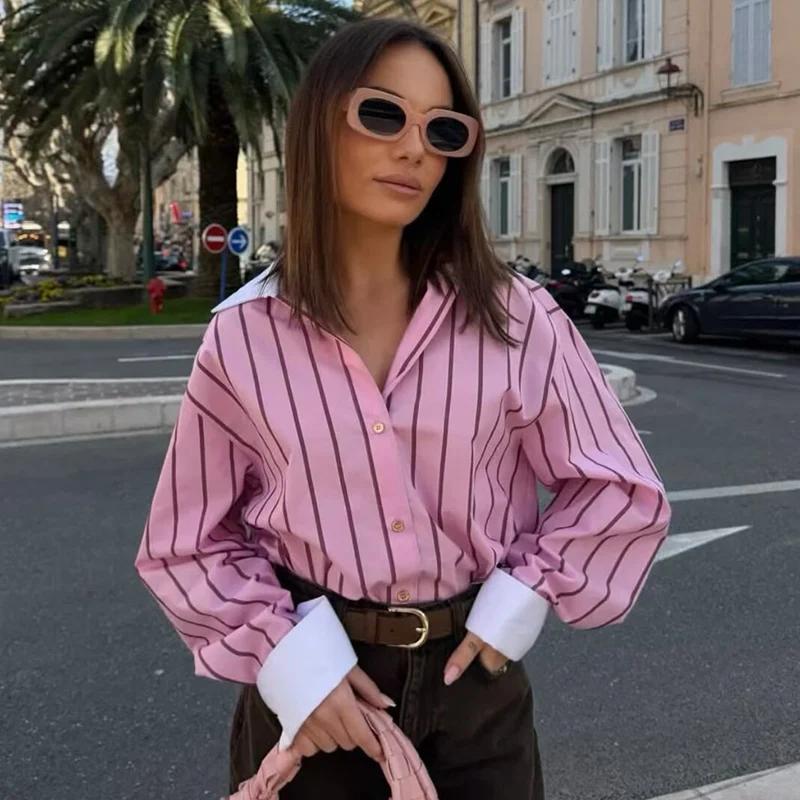 Chemise Femme 2026 Nouvelle Collection Printemps-Été, Chemise Ample Rayée Rose à Poignets Contrastan