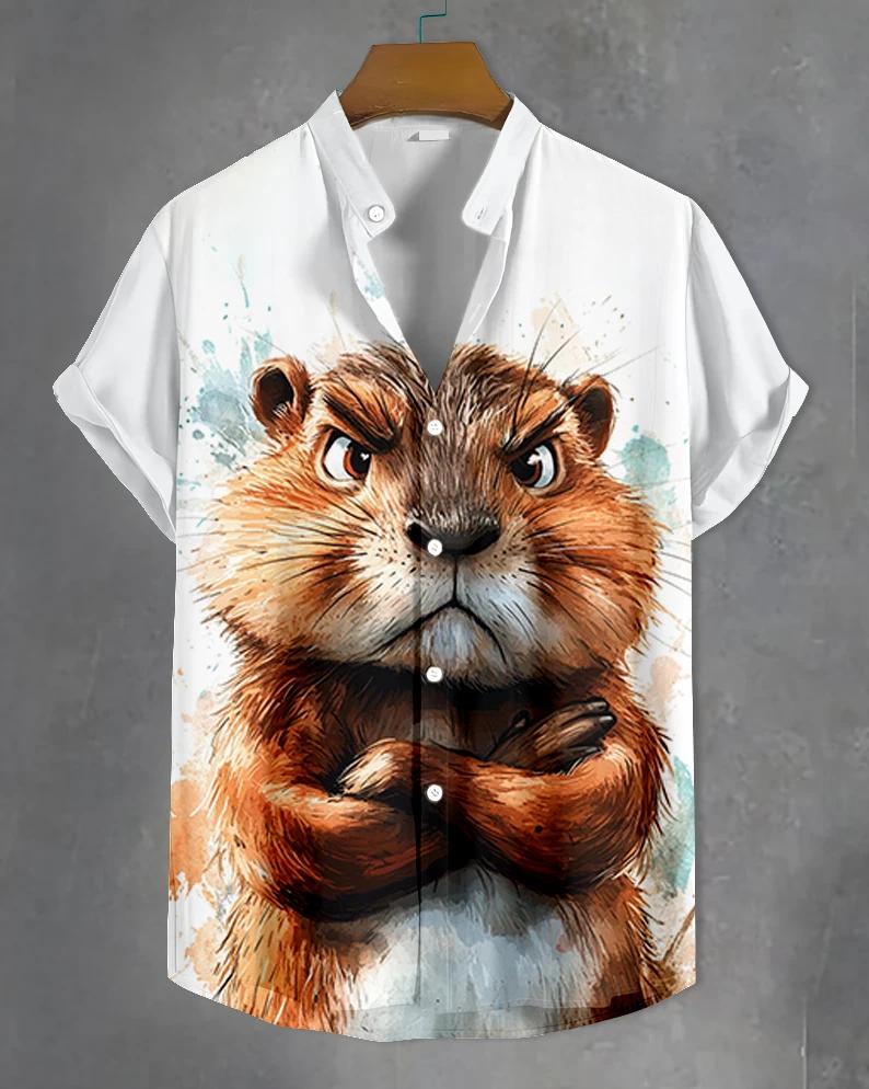 Chemises à manches courtes pour hommes, motif Animal drôle, chemises à revers boutonnées pour l'été,