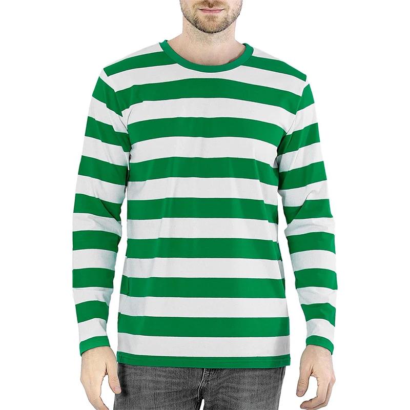 Mode contraste rayure impression 3D hommes à manches longues T-shirt décontracté mode col rond surdi