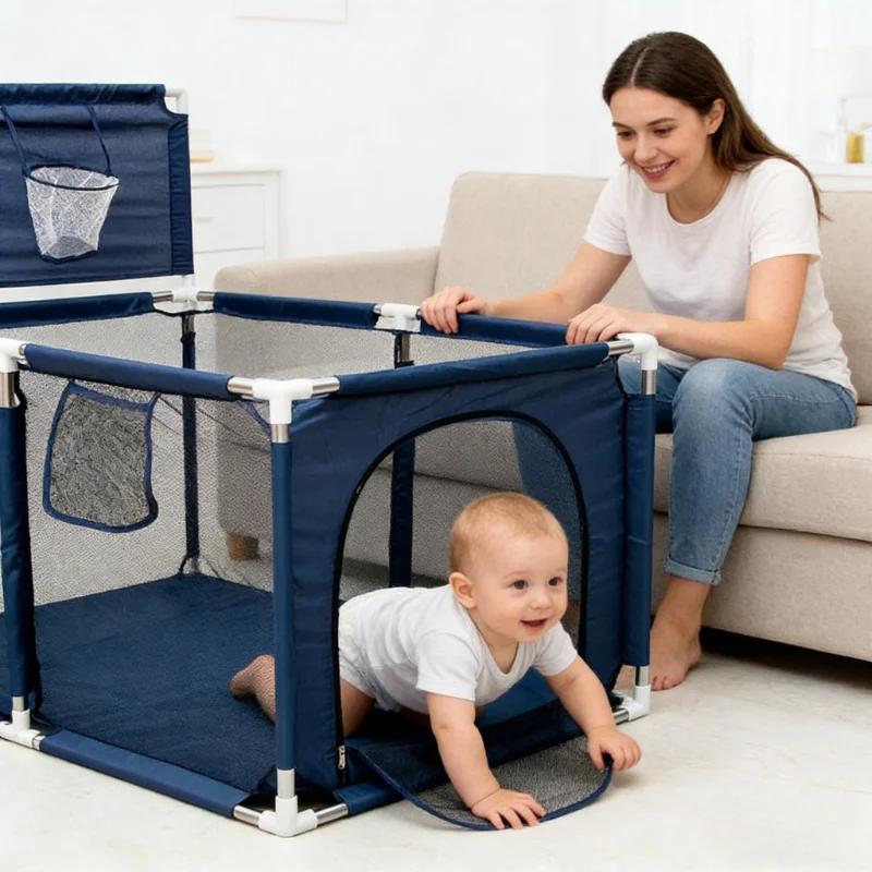 Parc de jeu pour bébé avec panier de basket, aire de jeu de 128 x 128 cm pour tout-petits, centre d'