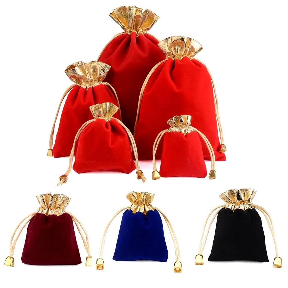 Sac cadeau en velours avec bord de couleur dorée, 25/50 pièces/lot, 5x7 7x9 9x12cm, sac d'emballage 