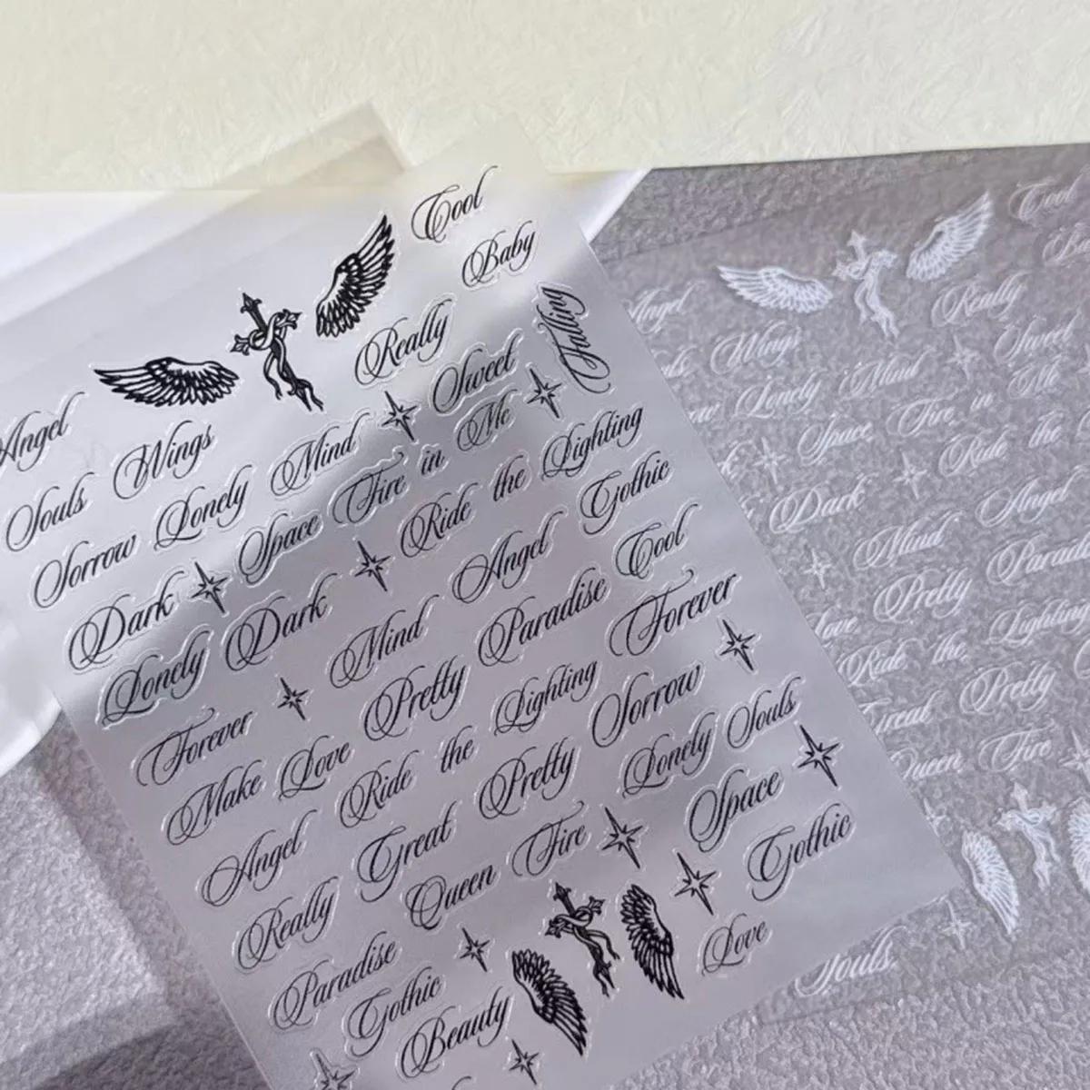 Autocollants pour ongles avec lettres noires et blanches, motifs d'ailes d'ange, designs mixtes, aut
