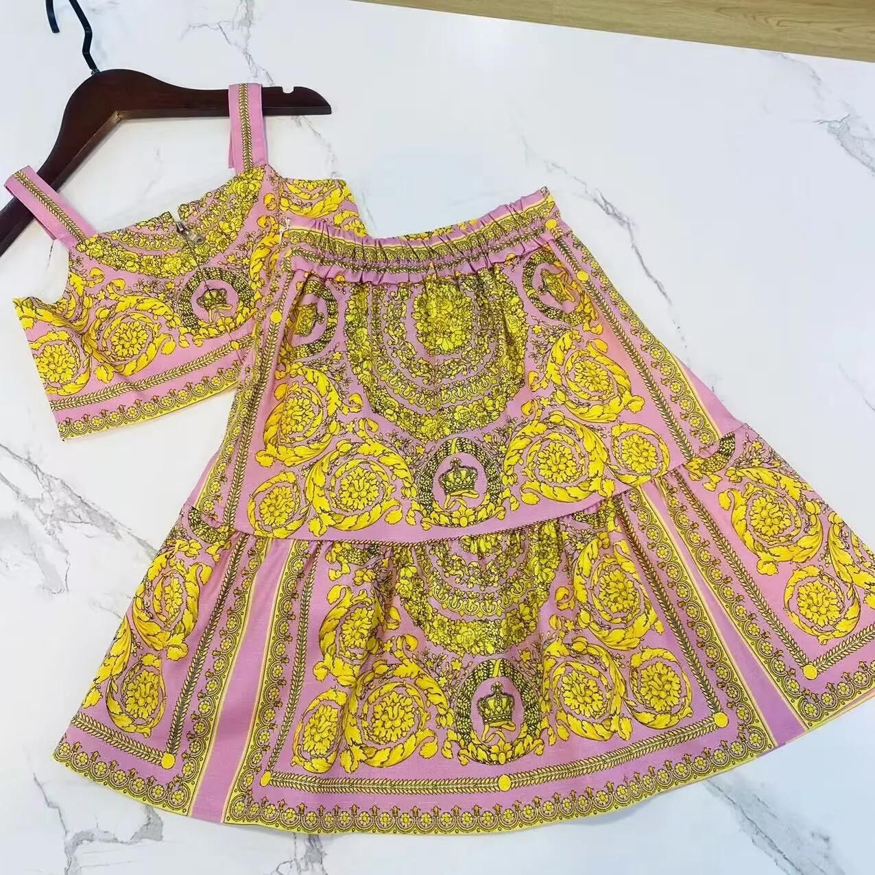 Ensemble de vêtements haut de gamme pour filles, rose, fleur jaune, coton, petite sangle, grande jup