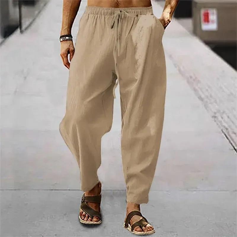 Nouveaux hommes coton lin pantalon été et automne solide taille haute pantalon à jambes larges mâle 