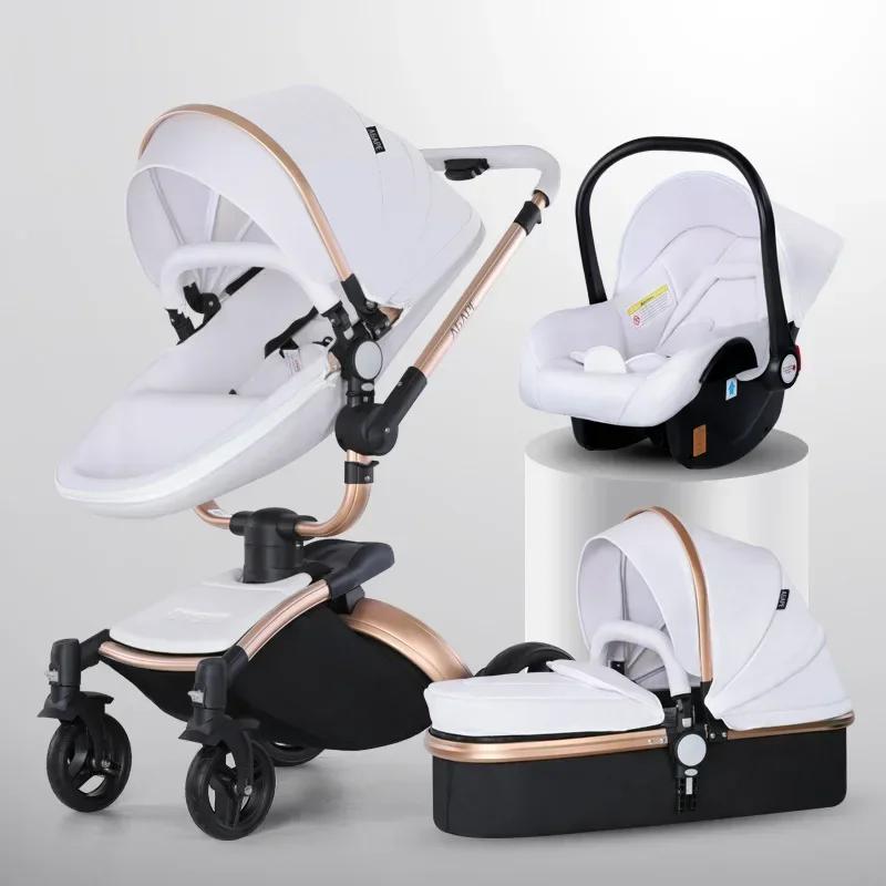 Poussette bébé 3 en 1, landau bidirectionnel de paysage haut, en cuir PU, pliable, absorbant les cho