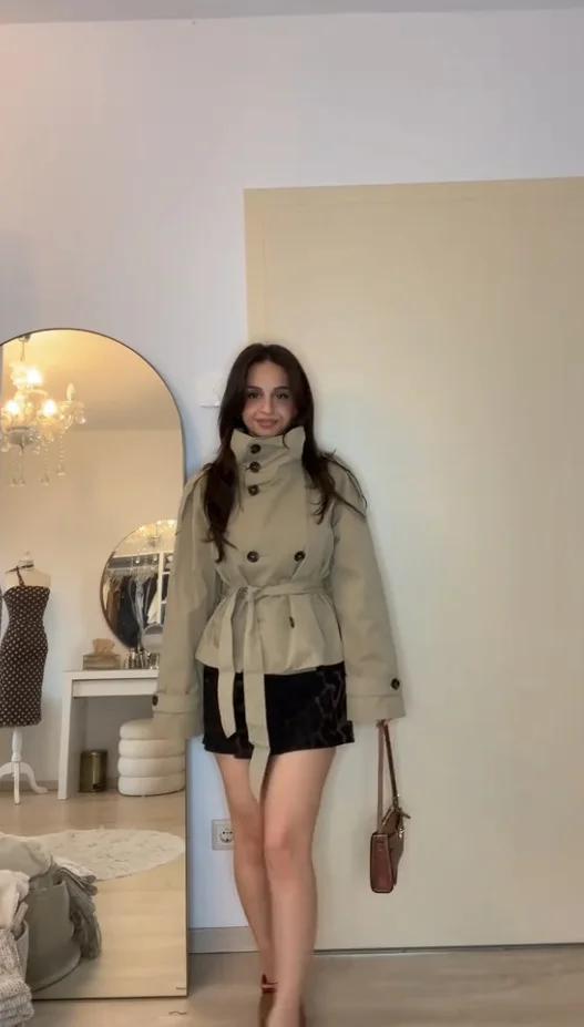 Trench court à taille ceinturée pour femme, manteaux à col montant et Double boutonnage, Chic, décon
