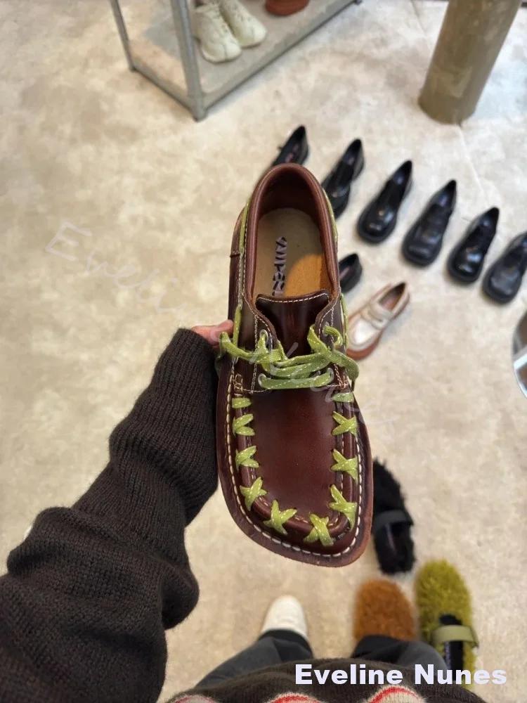 Mocassins à bout carré rétro style britannique en cuir, unisexe, à lacets croisés, décontractés et p