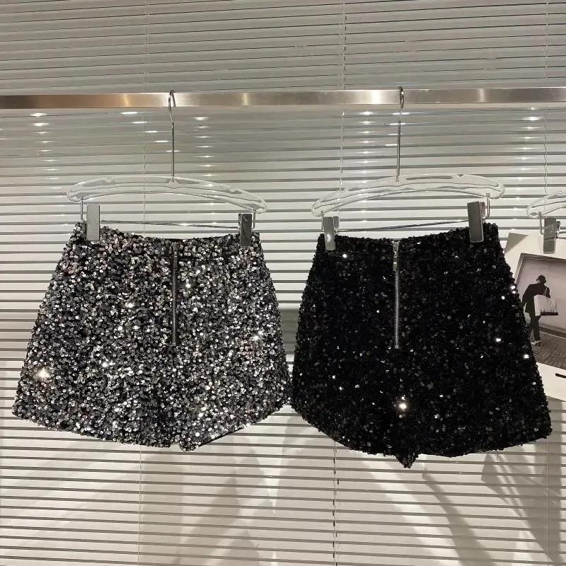 Short en Velours Noir pour Femme, Pantalon Court Polyvalent Brcorporelle à Paillettes, Nouvelle Coll