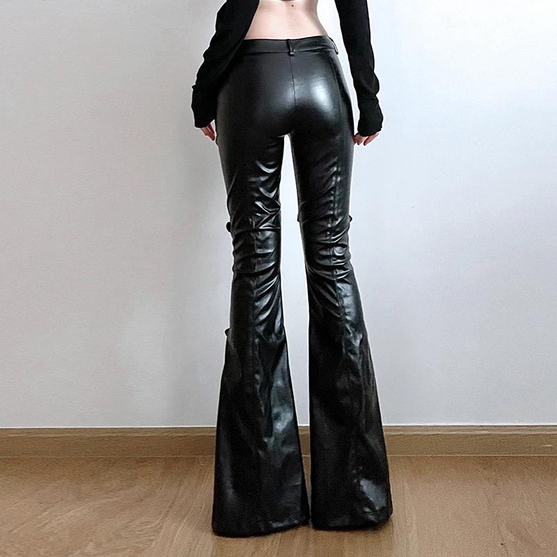 SUCHCUTE PU cuir Flare pantalon Goth boucle dentelle Patchwork pantalon femmes mode Y2K Streetwear V