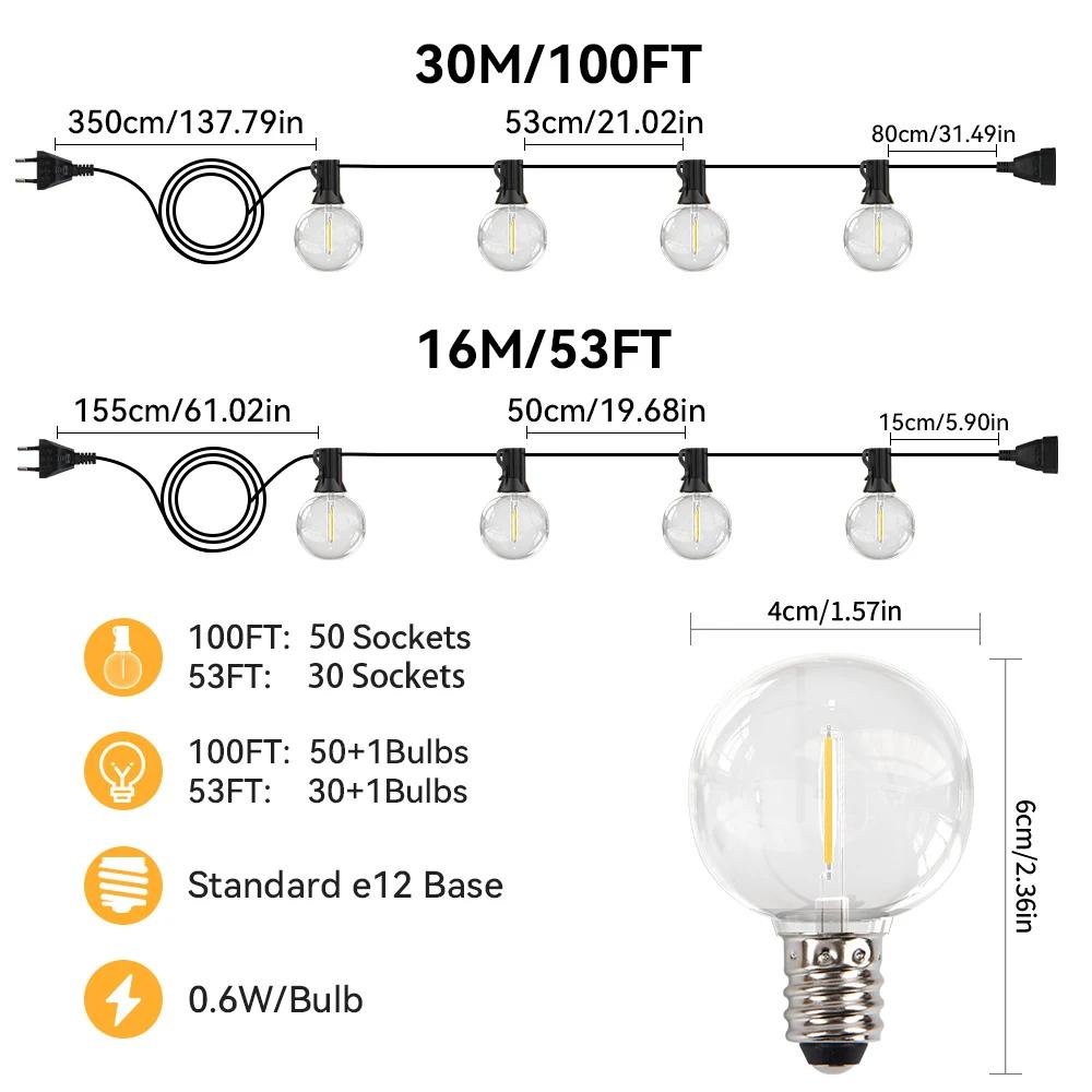 Guirlande lumineuse LED de 30M, guirlande lumineuse pour fête, guirlande lumineuse G40, blanc chaud,