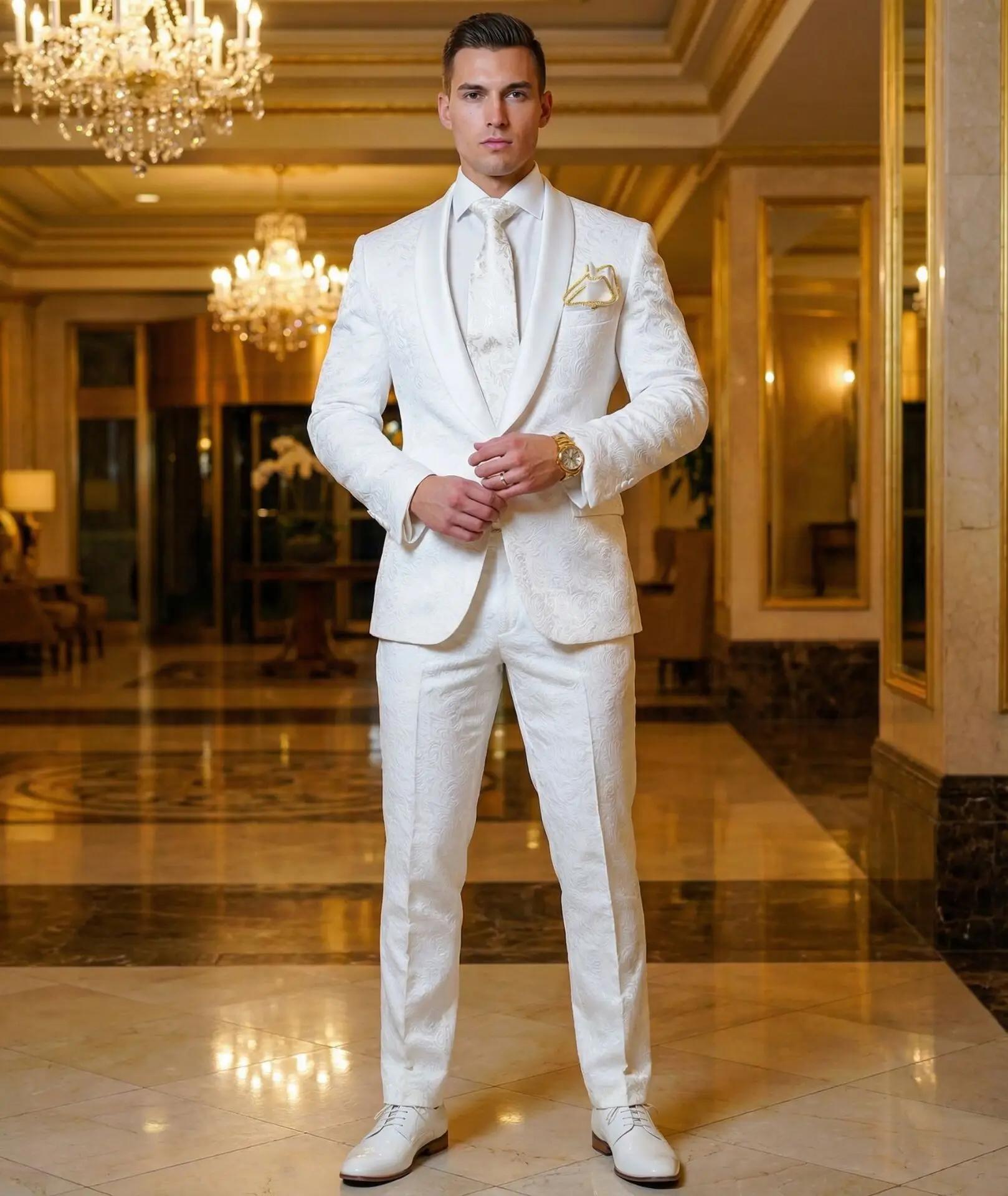 Smokings de marié blancs à motif, revers en satin, costumes pour hommes 2 pièces, mariage, marié