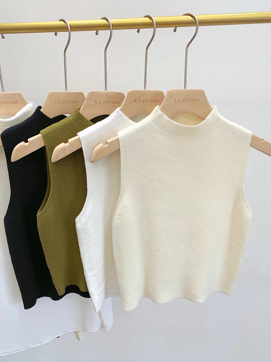 Femmes tricoté débardeur été automne mince pull court sans manches solide printemps automne chandail