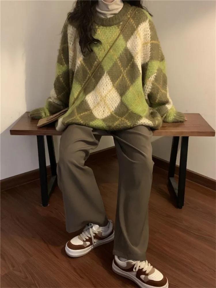 Pull Baggy Rétro Vert pour Femme, Vêtement Confortable et Minimaliste, Style BF, Argyle, Décontracté