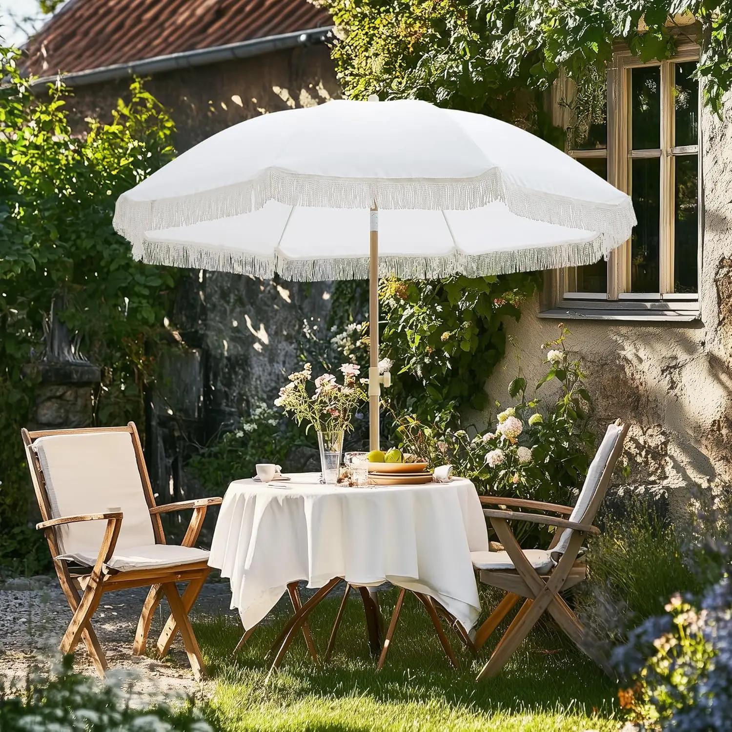 Parasol Bohème de 6,5 pieds avec franges, protection UPF50+, design inclinable pour la plage et les 