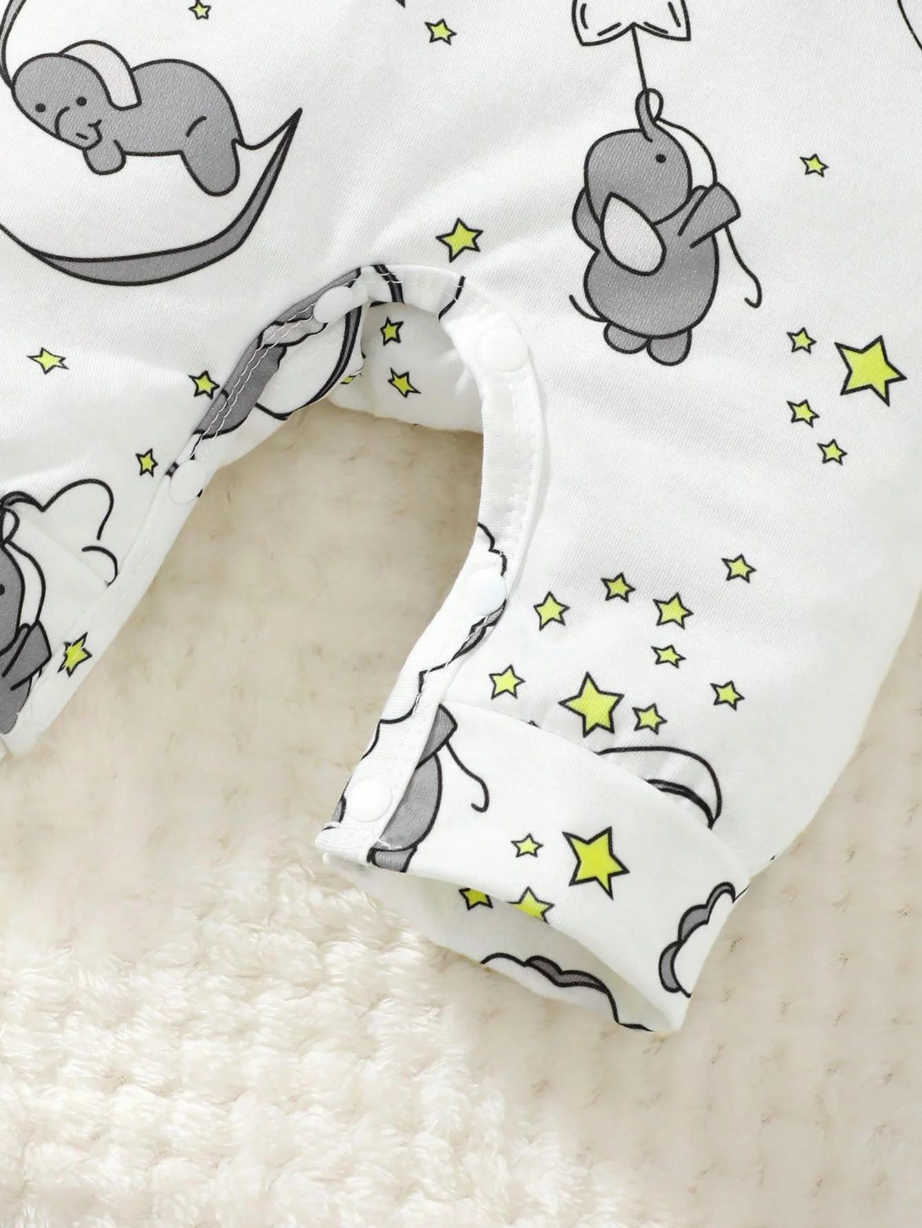 Barboteuse à manches longues avec chapeau, 2 pièces, motif d'éléphant de dessin animé mignon pour bé