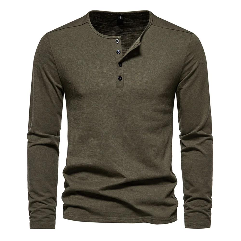 Hommes à manches longues T-shirt coton coupe ajustée chemise de fond Fitness hauts t-shirts bouton c
