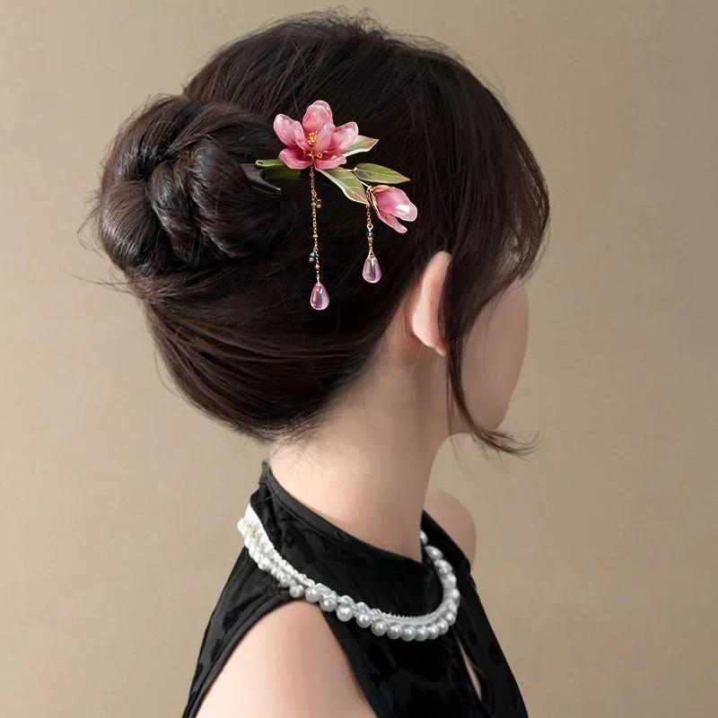 Épingle à cheveux florale de Style chinois, pompon de fleur rose, accessoire de cheveux élégant Hanf