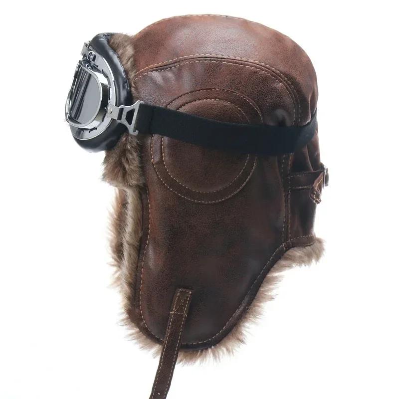 Chapeau de bombardier d'hiver pour hommes, avec lunettes, pour moto en plein air, coupe-vent, chaud,