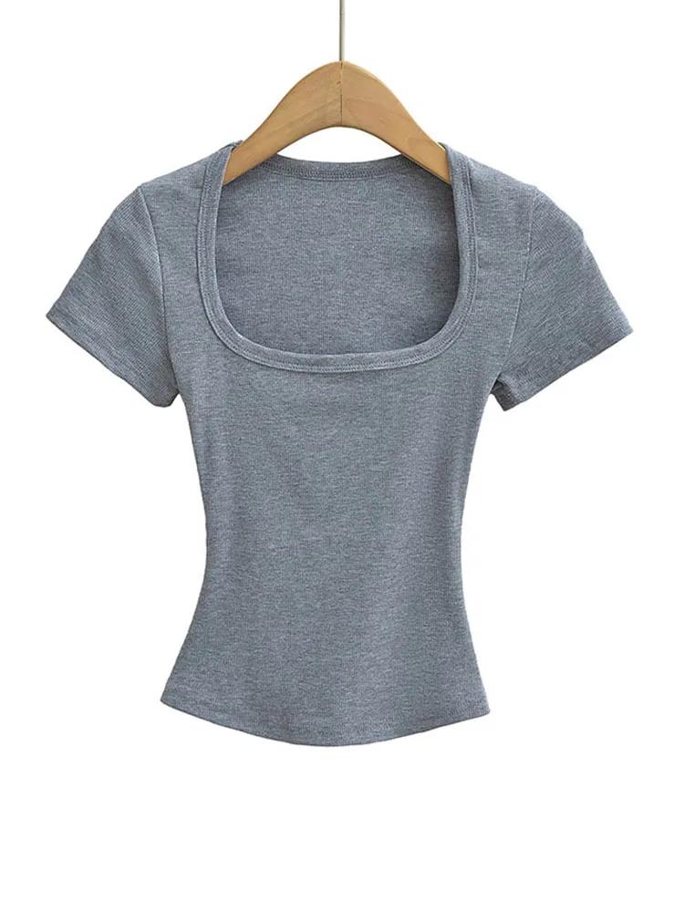 Haut court d'été à col carré pour femmes, haute élasticité, manches courtes, sexy, coupe cintrée, pu
