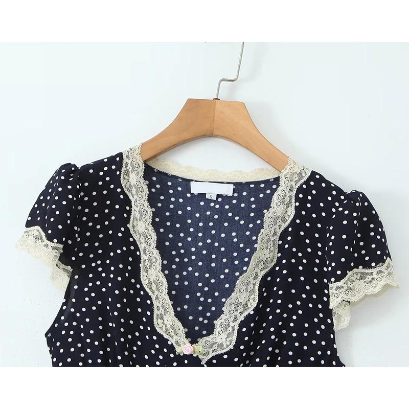 YENKYE-Robe longue bleu marine à pois pour femmes, bordure en dentelle, col en V, manches courtes, l