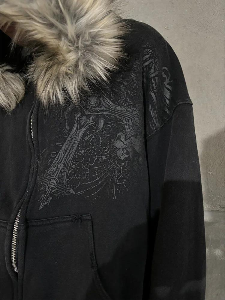 Hoodies zippés pour femmes, style Y2K, esthétique Harajuku, avec col en fausse fourrure, graphiques 