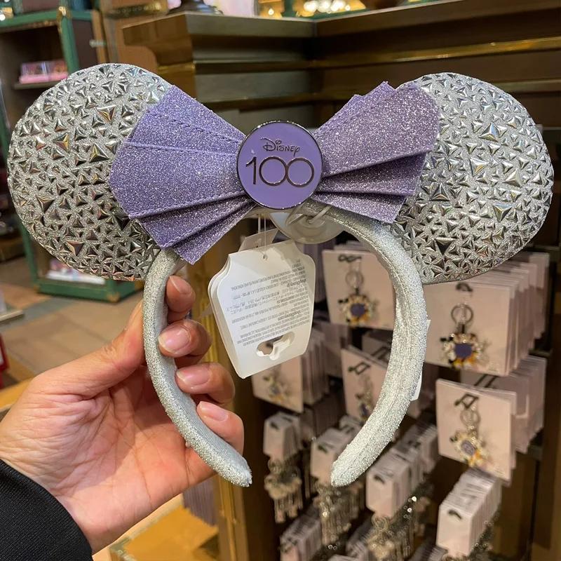 Bandeau oreilles de Mickey Disney Original, Shanghai Disneyland Minnie, bandeau en cuir, nœud à pail