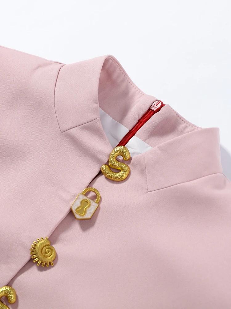 Nouvelle Robe Longue Élégante pour Femme, Col Montant Uni, Manches Courtes, Coupe Slim, Boutonnage S